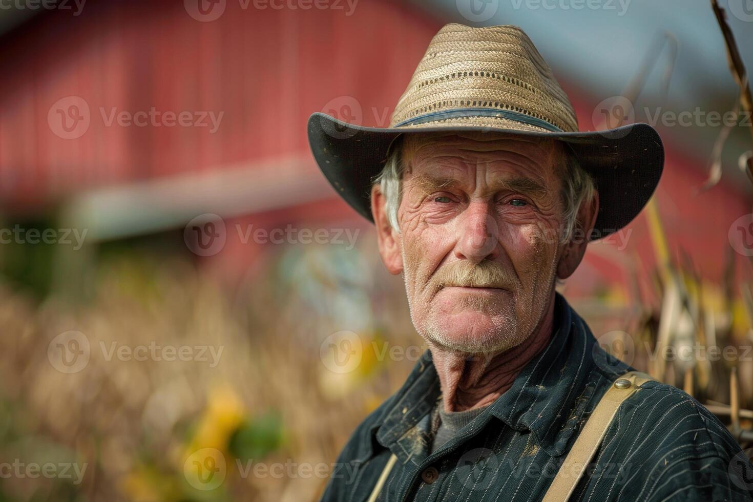 Portrait of senior farmer wearing cowboy hat in front of red barn photo
