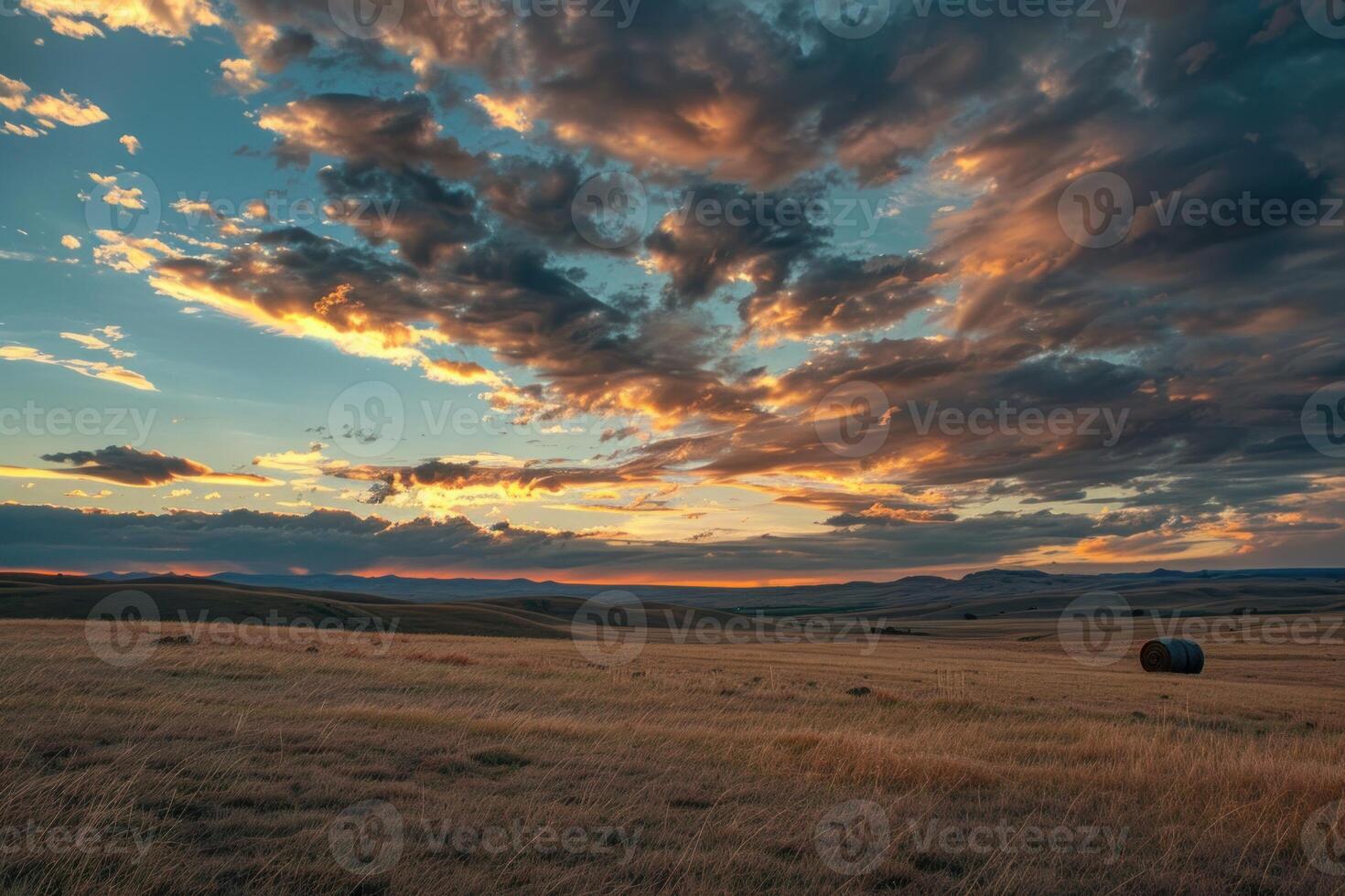 Round bale sitting in field at sunset with dramatic cloudscape photo