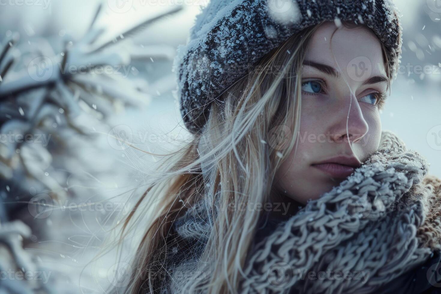 Woman wearing knitted winter clothes walking in snowing forest photo