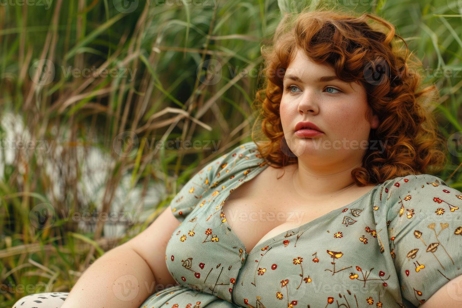 Plus size woman relaxing in nature, embracing body positivity and self love photo