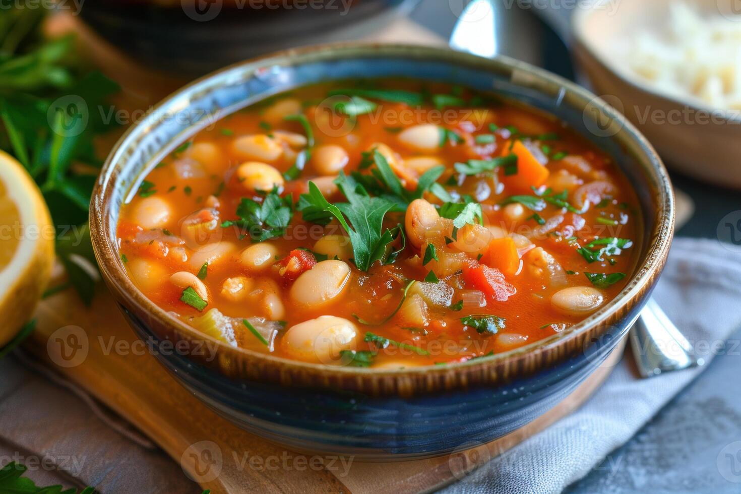 Warm bean soup garnished with fresh parsley in rustic bowl photo