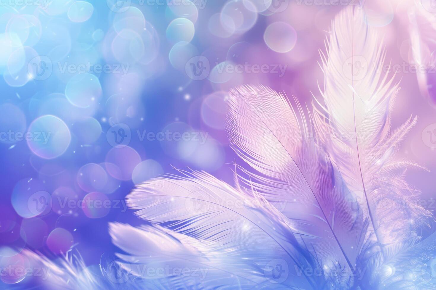 Soft feathers floating on a dreamy pastel background with sparkling bokeh lights photo