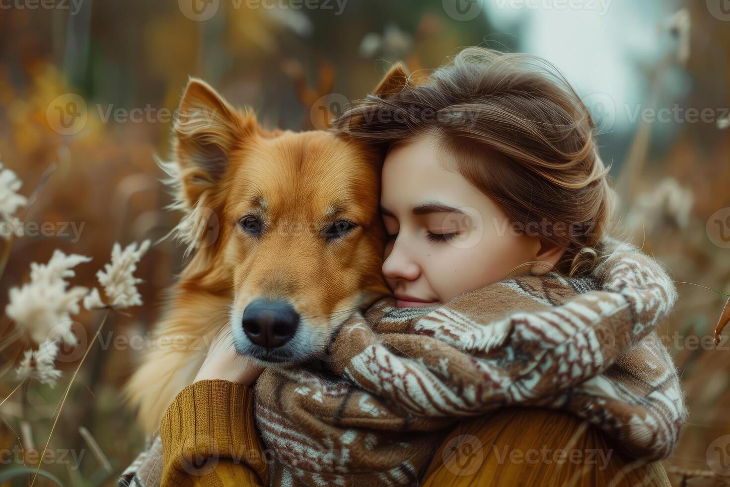 Young woman hugging her dog in autumnal forest photo