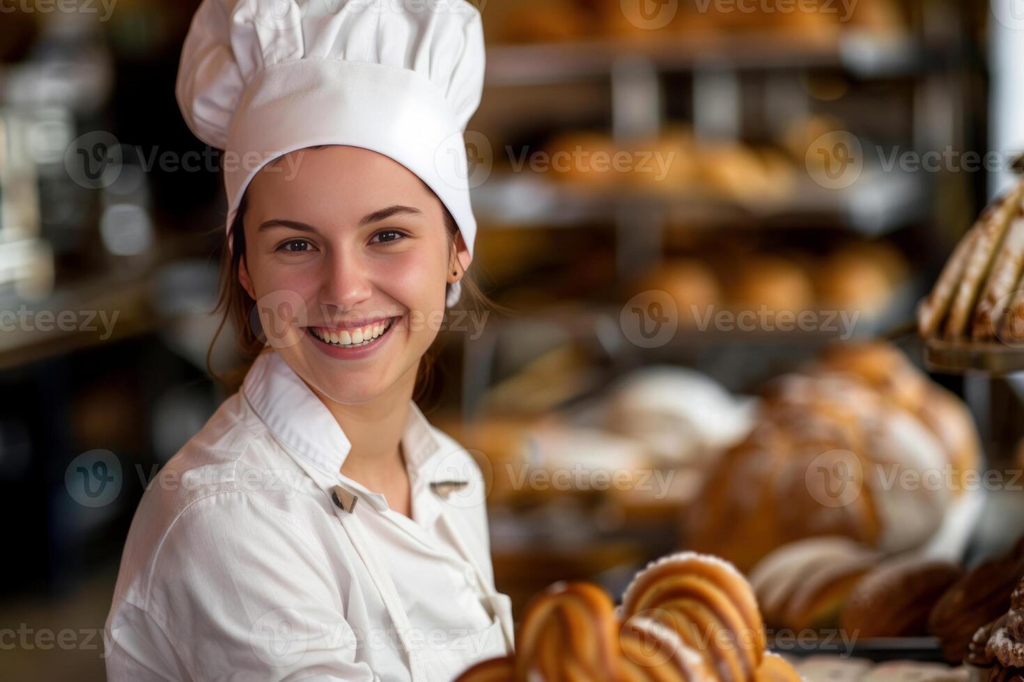 Baker smiling while holding freshly baked bread in a bakery photo