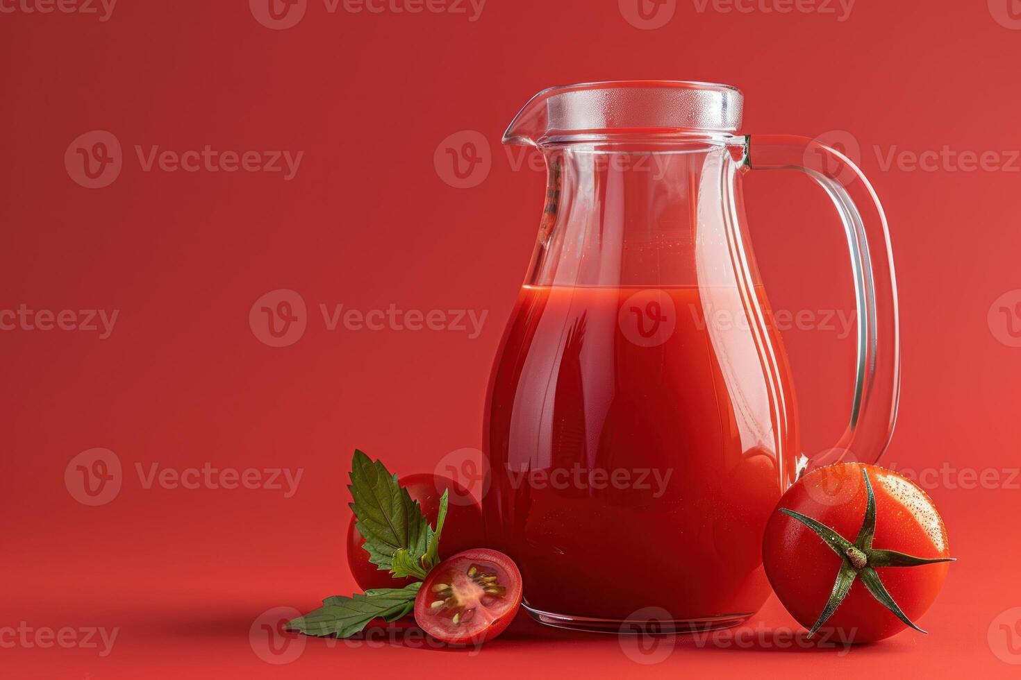 Glass pitcher full of fresh tomato juice with ripe tomatoes on red background photo
