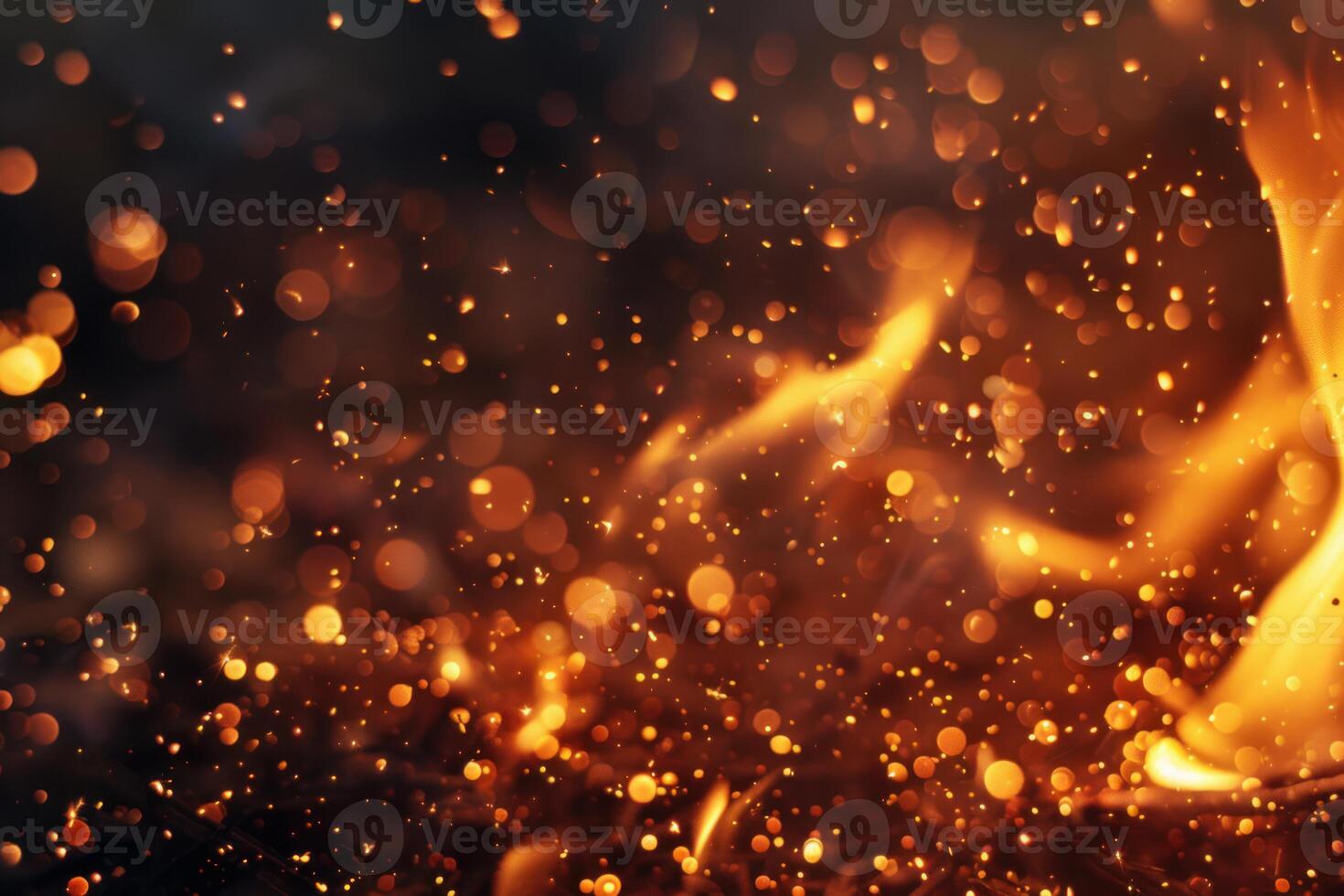 Burning fire flames with flying sparks and bokeh effect creating dramatic background photo