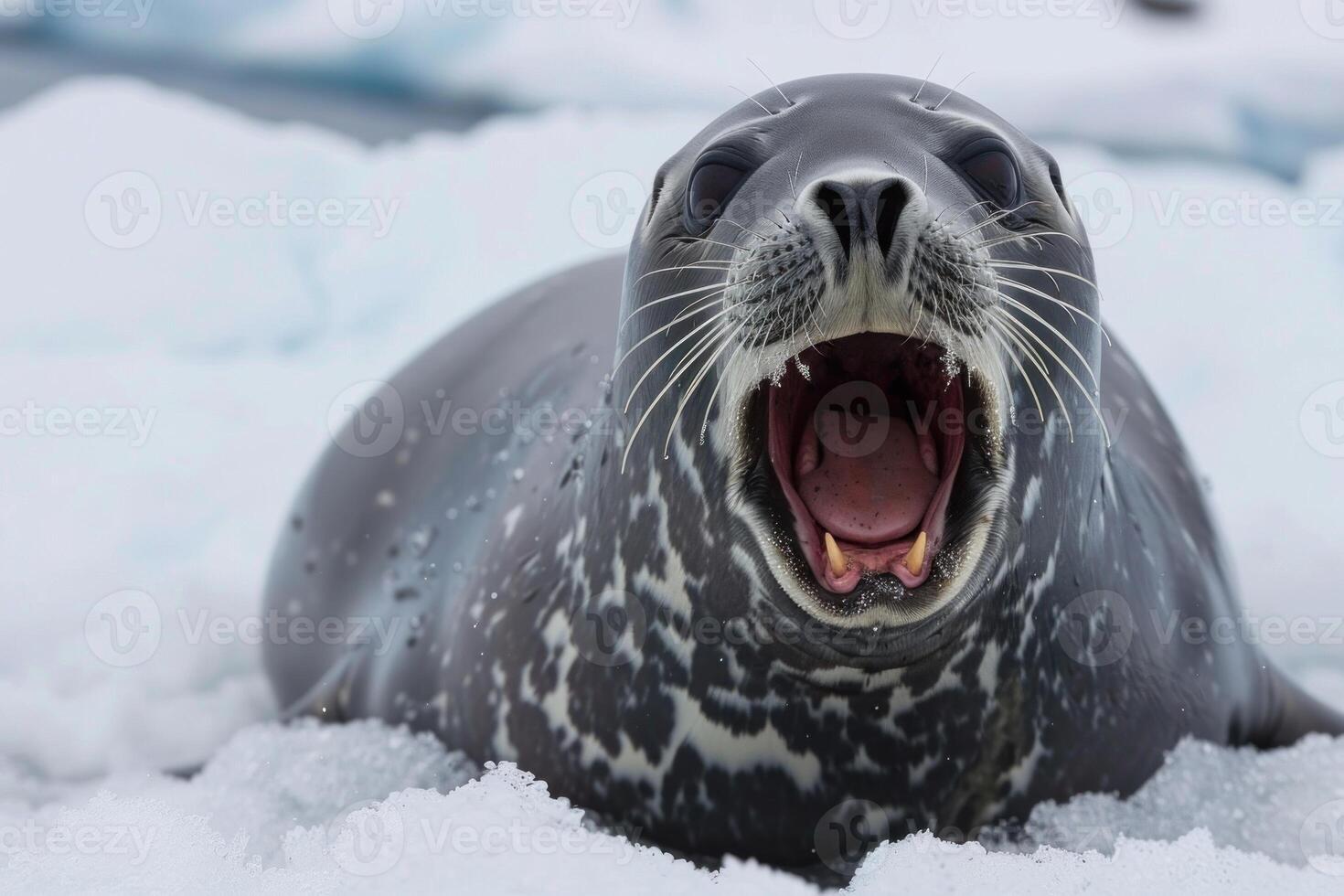 Leopard seal showing teeth lying on ice in antarctica photo