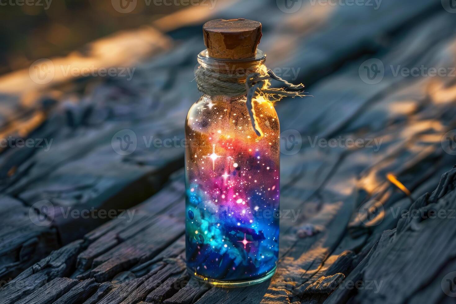 Small glass jar containing colorful nebula and shining stars on rustic wooden surface photo