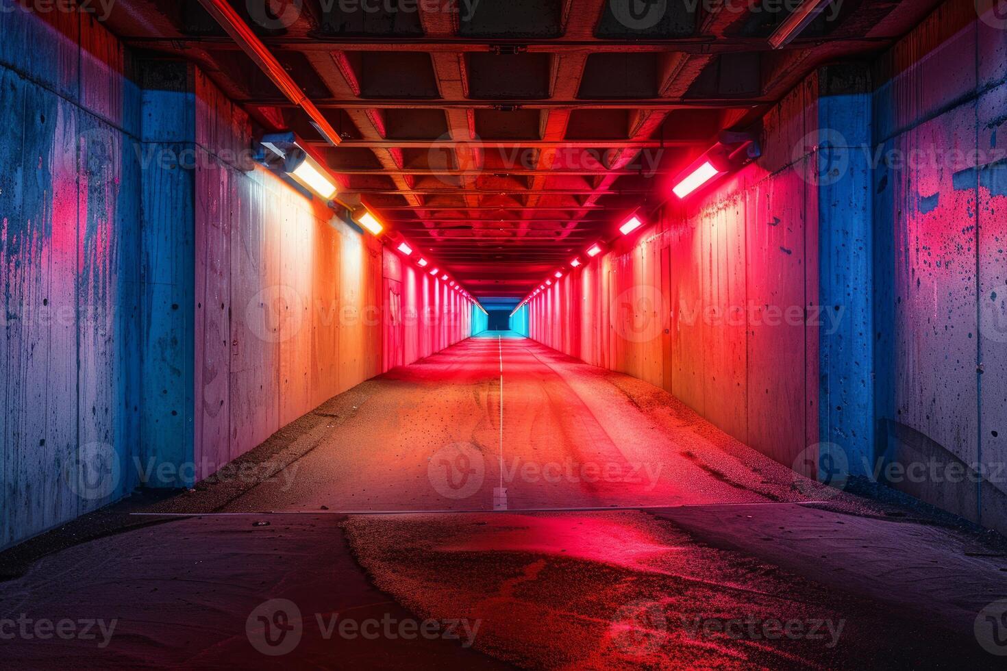 Empty illuminated tunnel glowing with neon lights at night photo