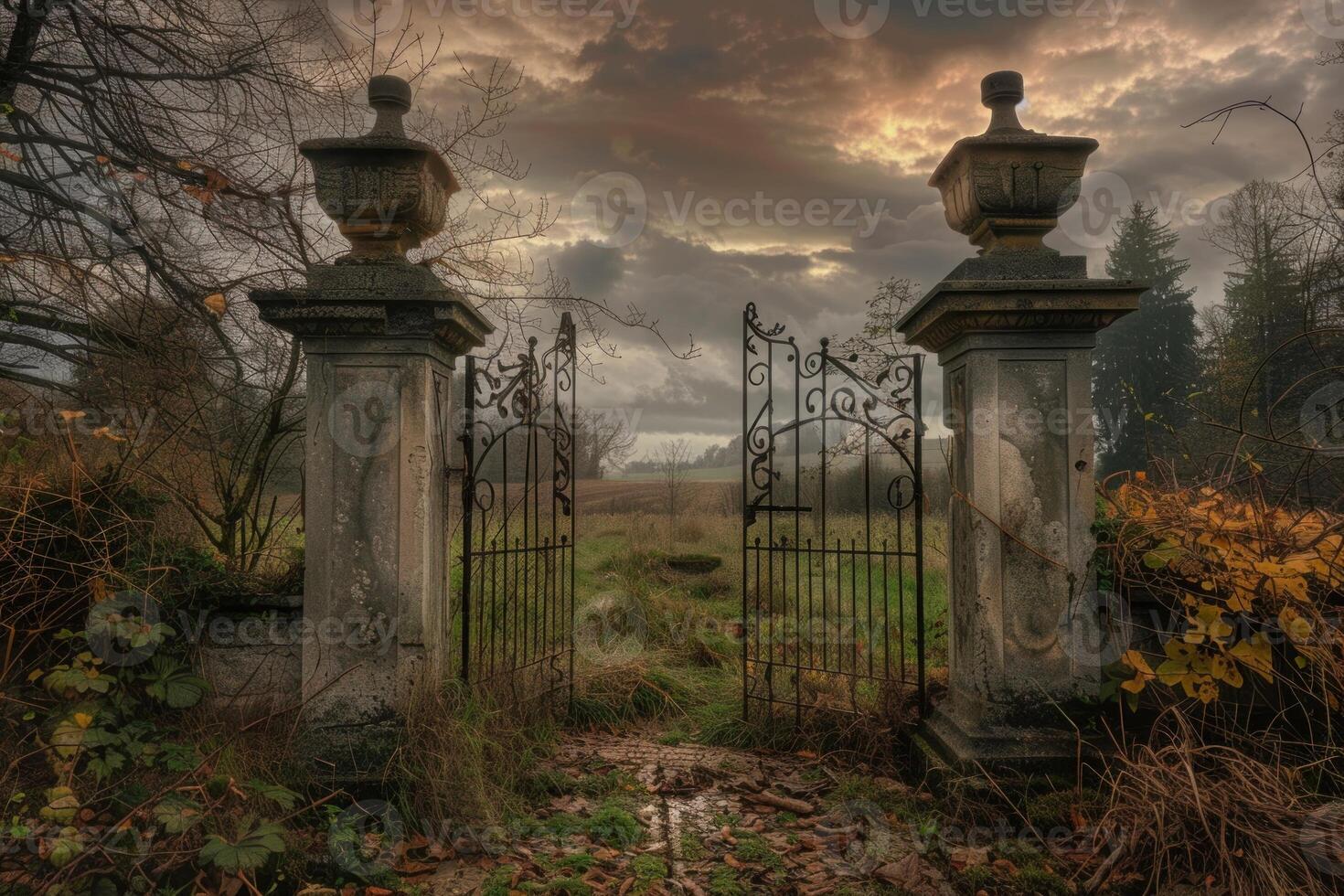 Old wrought iron gate opening to a mysterious field at dusk photo