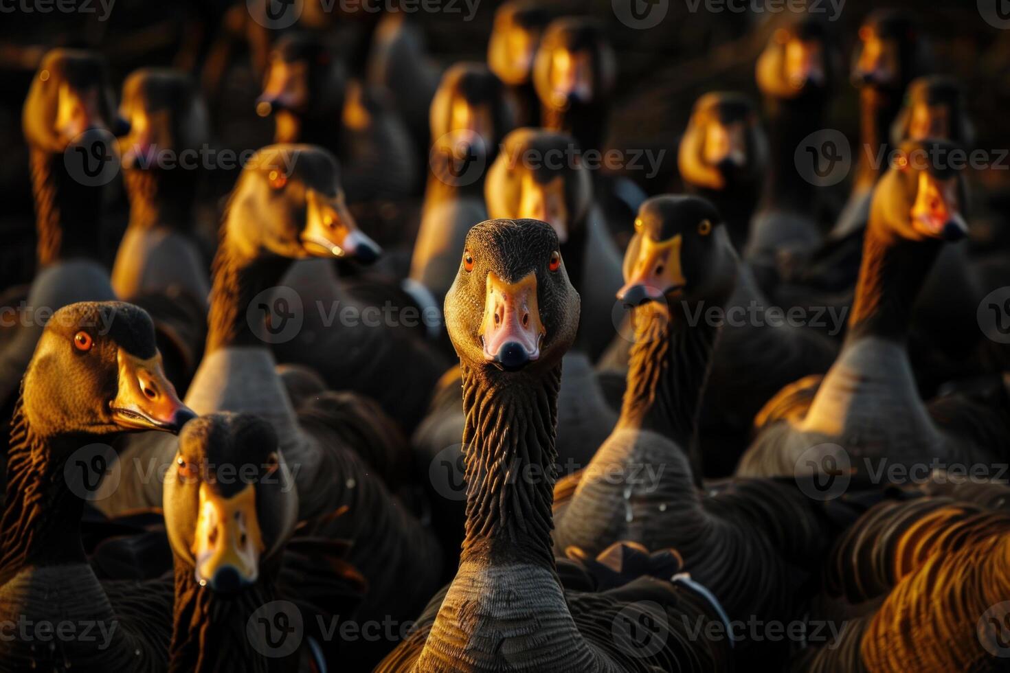 Greylag geese flock looking at camera in golden hour light photo