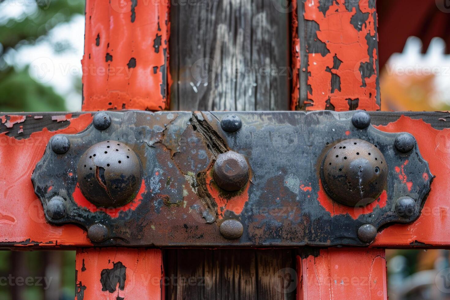 Close up of weathered and rusted metal ornament on traditional red painted wood photo