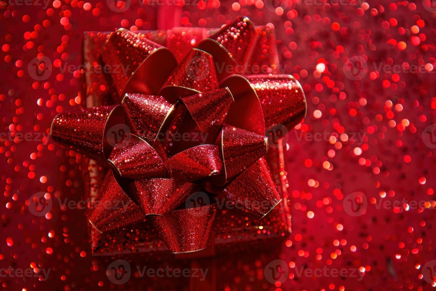 Shiny red gift box with sparkling bow on red glitter background photo