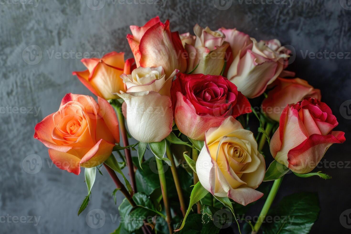 Bouquet of roses showing various colors in front of gray wall photo