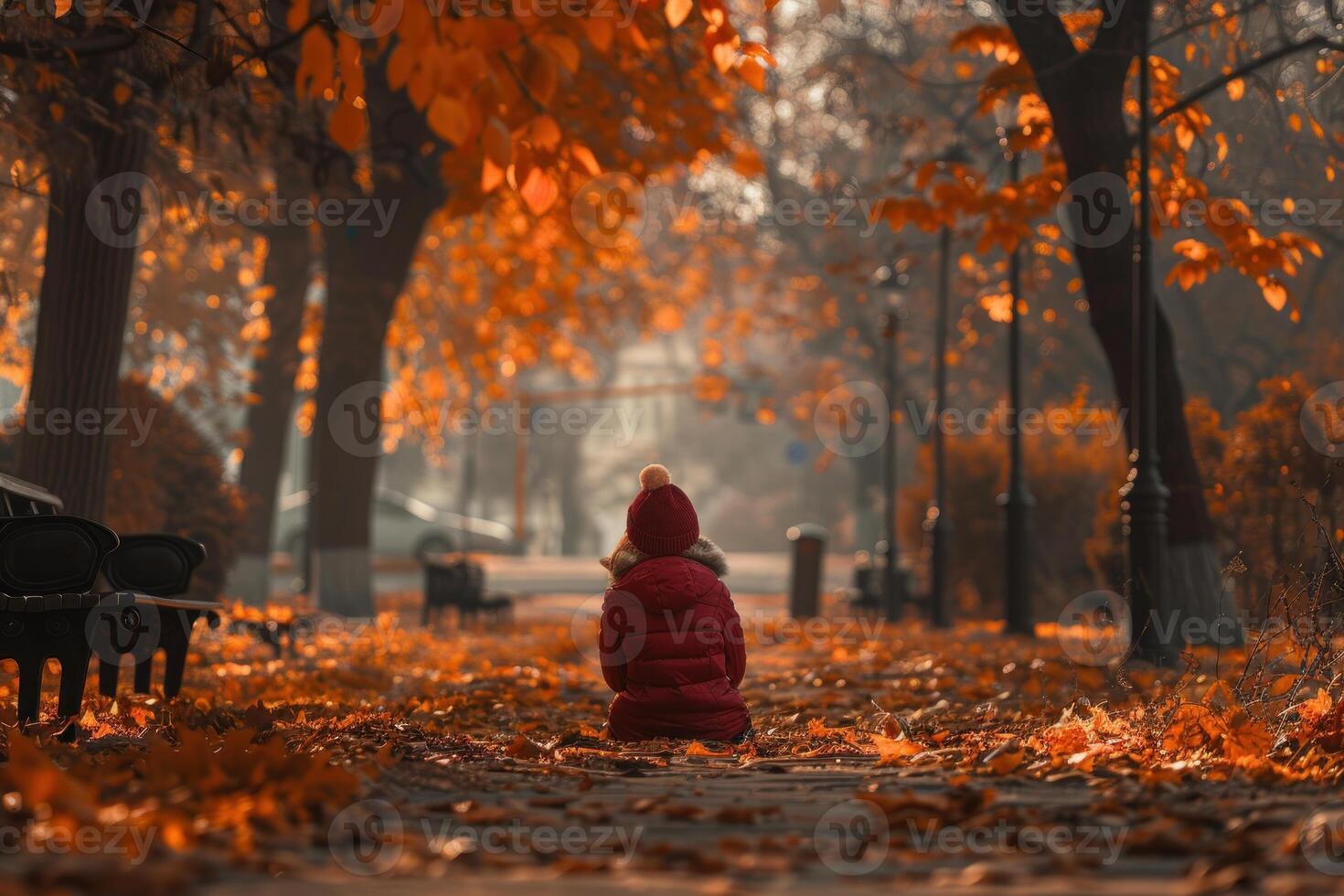 Child kneeling on autumn leaves in a park photo