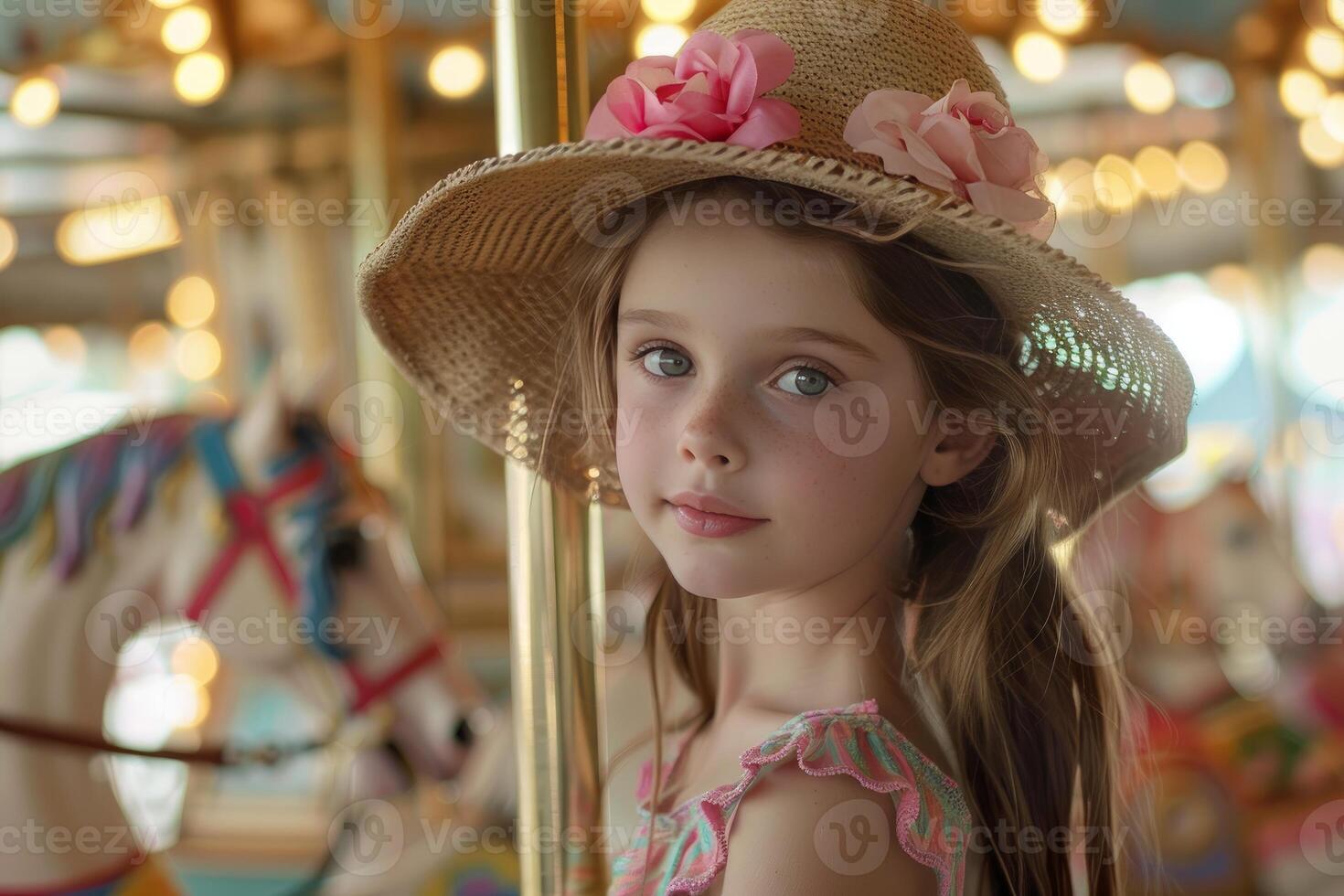 Little girl wearing a straw hat with pink flowers riding a carousel horse photo