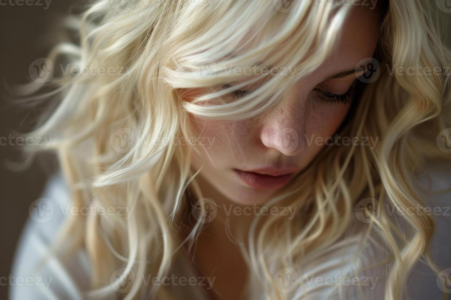 Blonde woman with freckles looking down showing sadness and depression photo