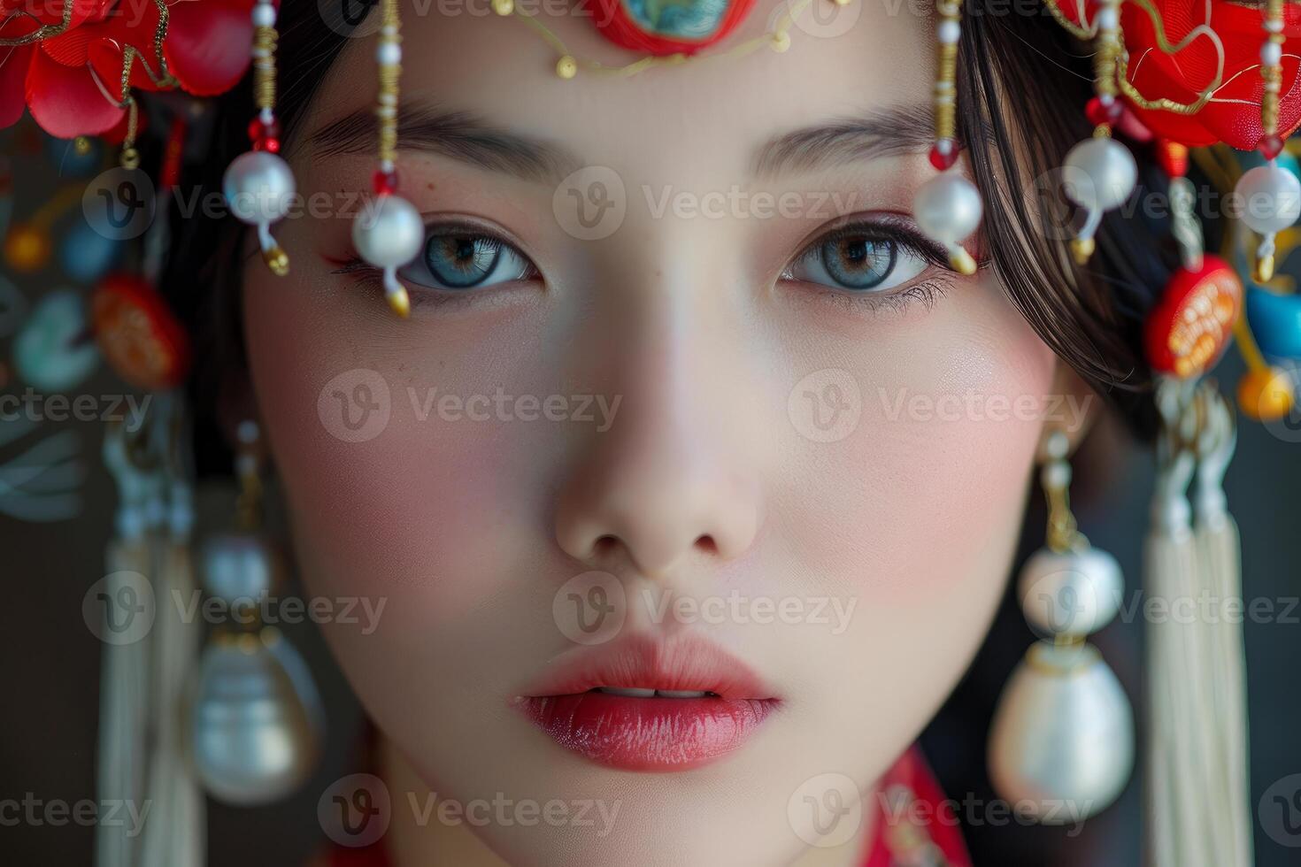 Asian bride wearing traditional headdress and makeup posing for beauty portrait photo