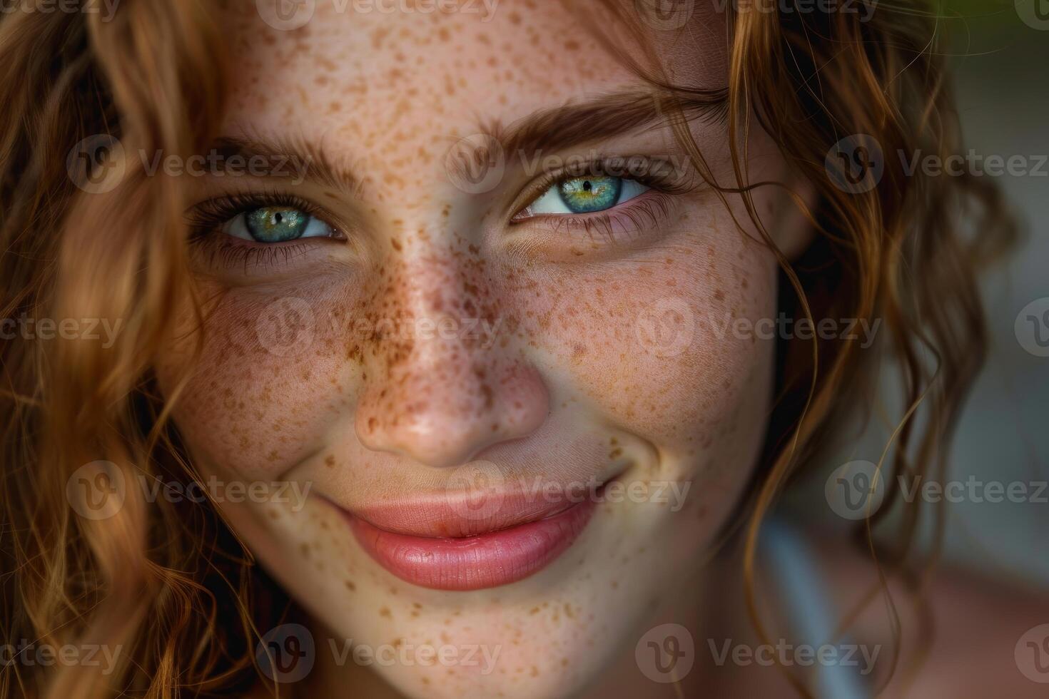 Portrait of smiling redhead woman with freckles and green eyes photo