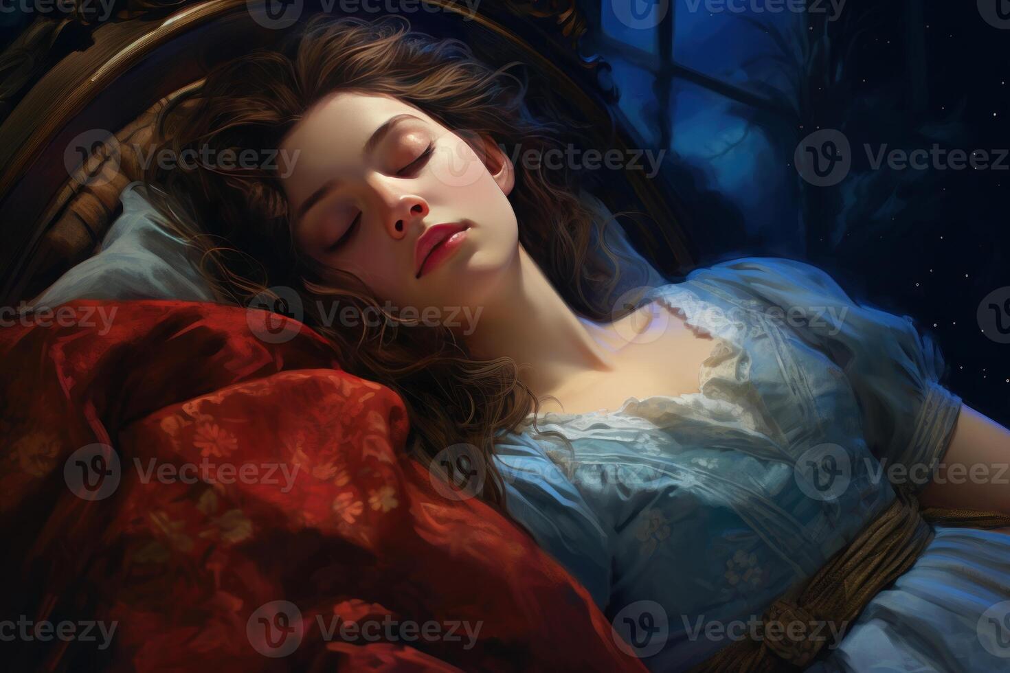 Artistic image of a serene young woman sleeping in a vintage bed under soft lighting photo