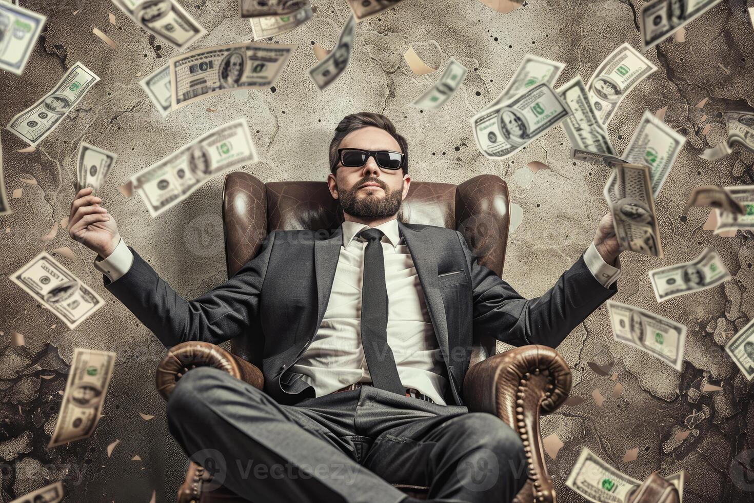 Businessman sitting in armchair with money falling around him photo