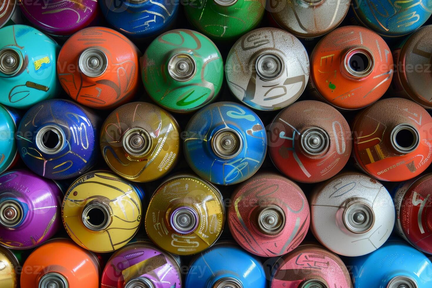 Colorful spray paint cans forming abstract background photo