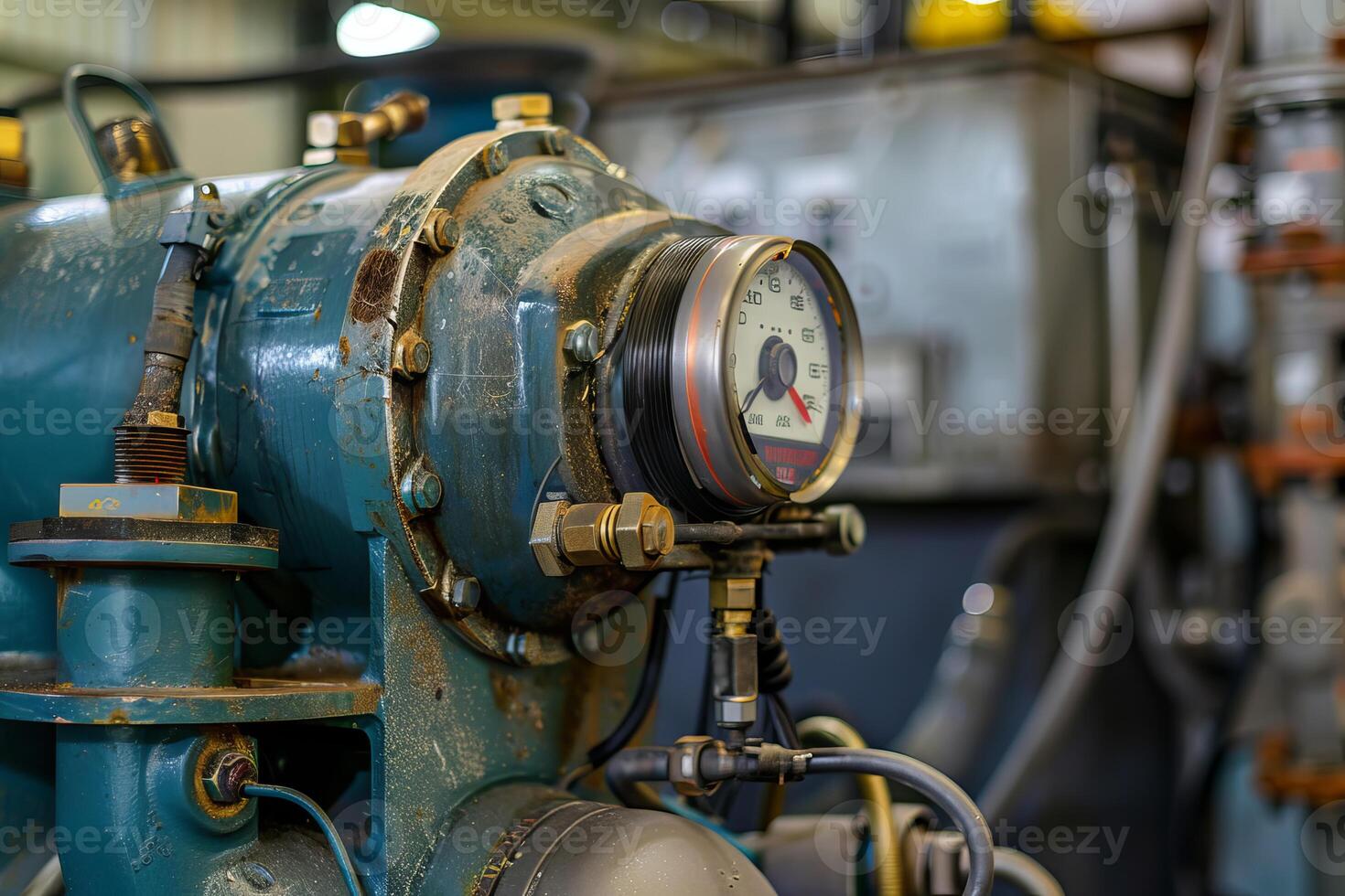Industrial pressure gauge measuring pressure on old machine in factory photo