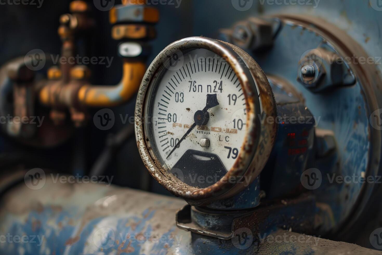 Old rusty pressure gauge showing pressure level in pipeline photo