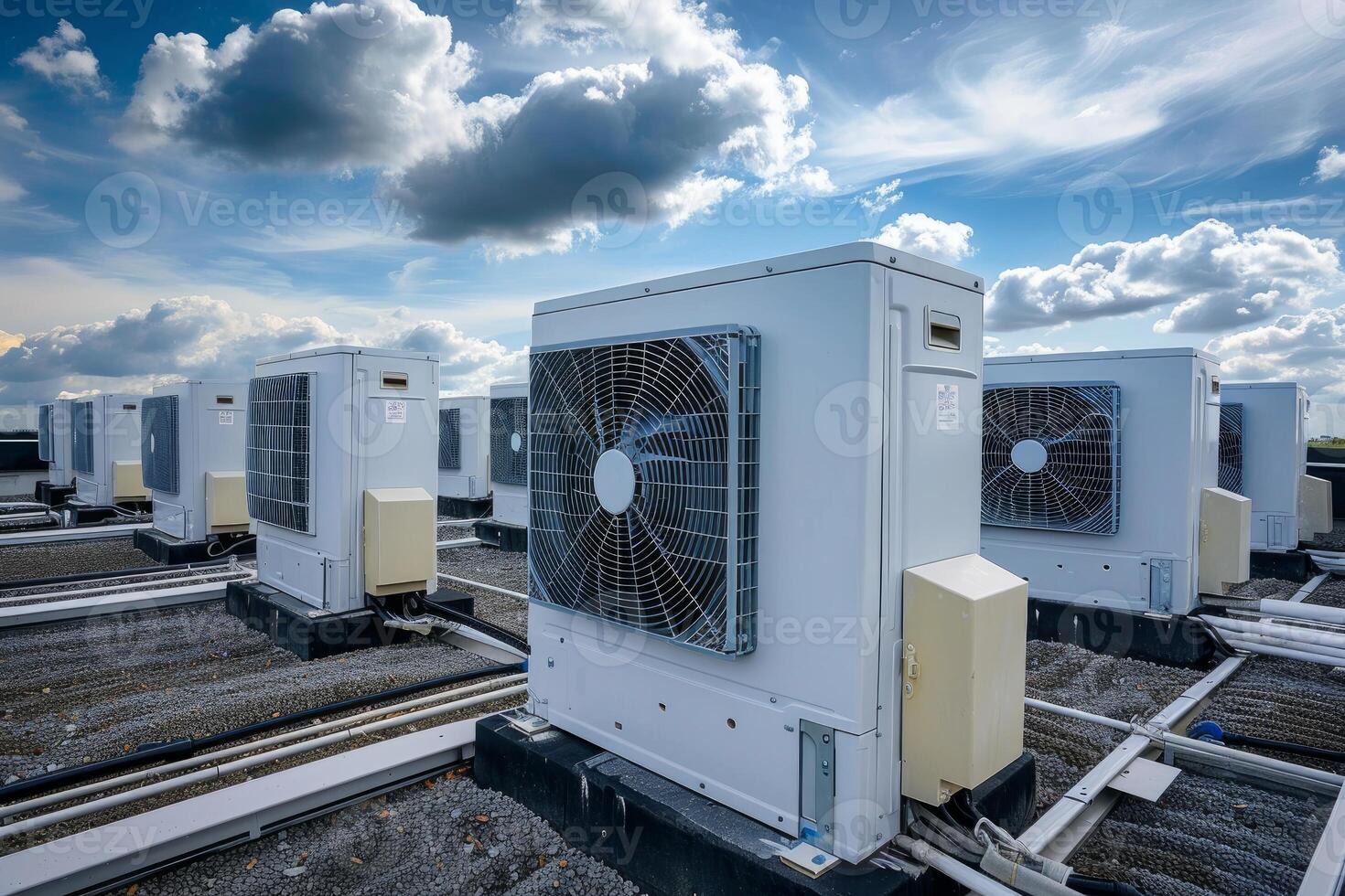 Air conditioning units working on rooftop under cloudy sky photo