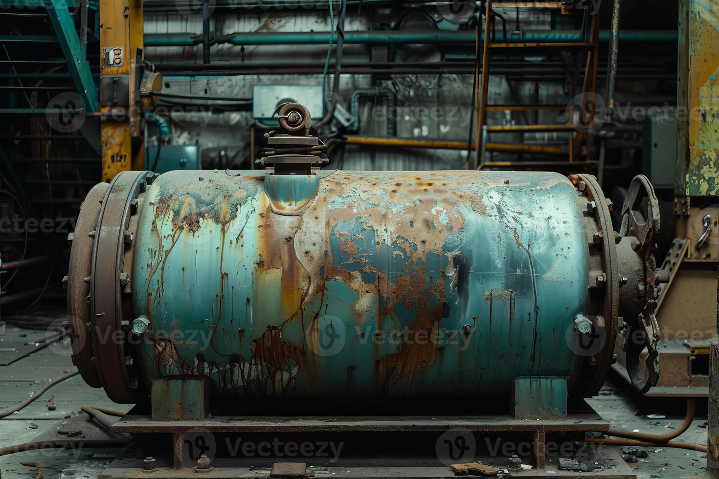 Old rusty industrial machine is standing in abandoned factory photo