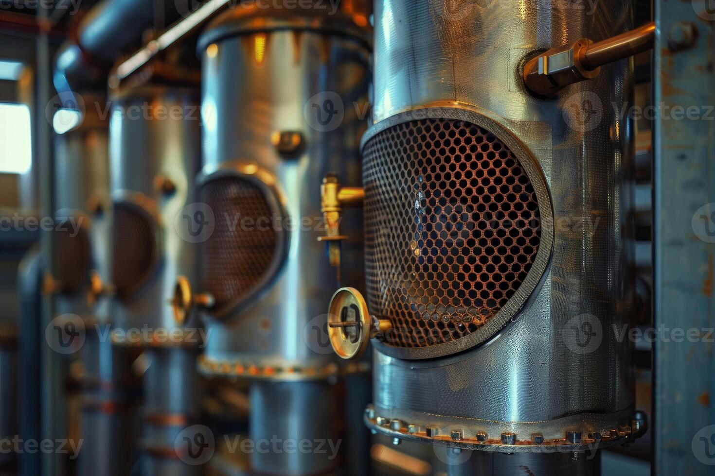 Industrial equipment showing shiny metal pipes and valves photo