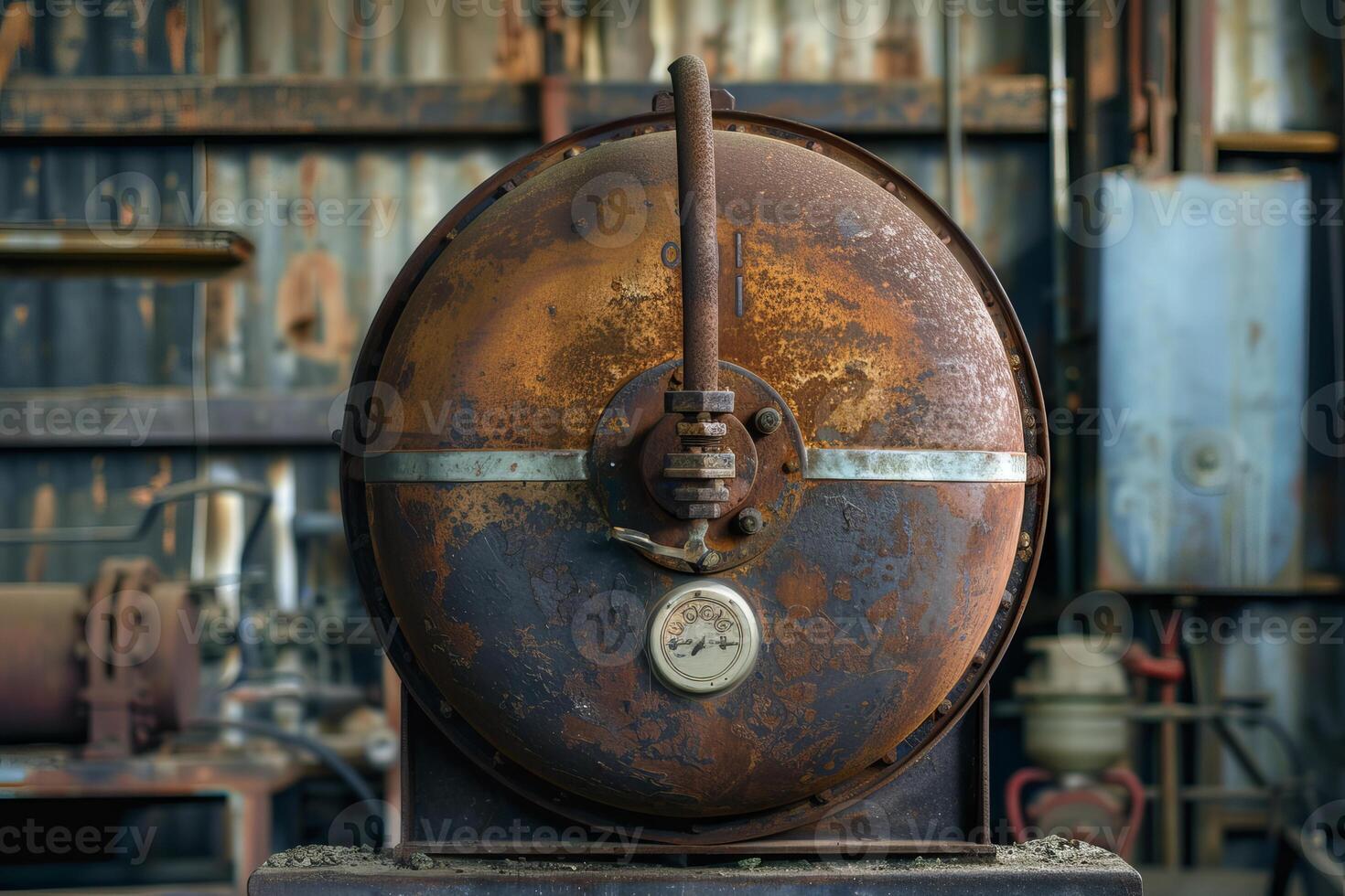 Old rusty industrial boiler tank with gauge showing in an abandoned factory photo