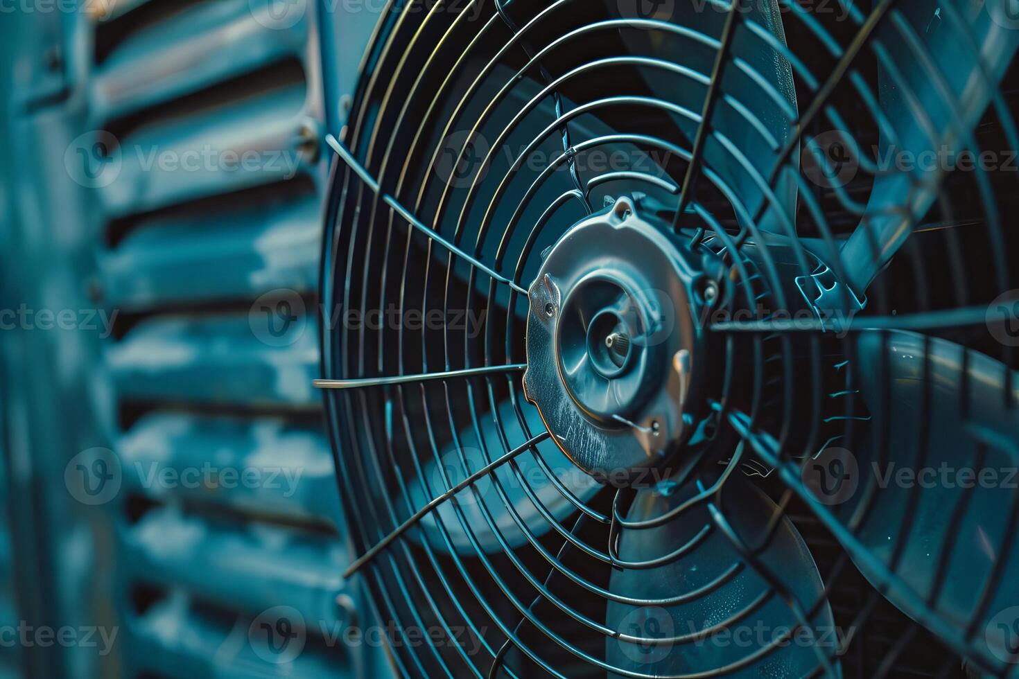 Industrial cooling fan mounted on blue metal wall generating airflow photo