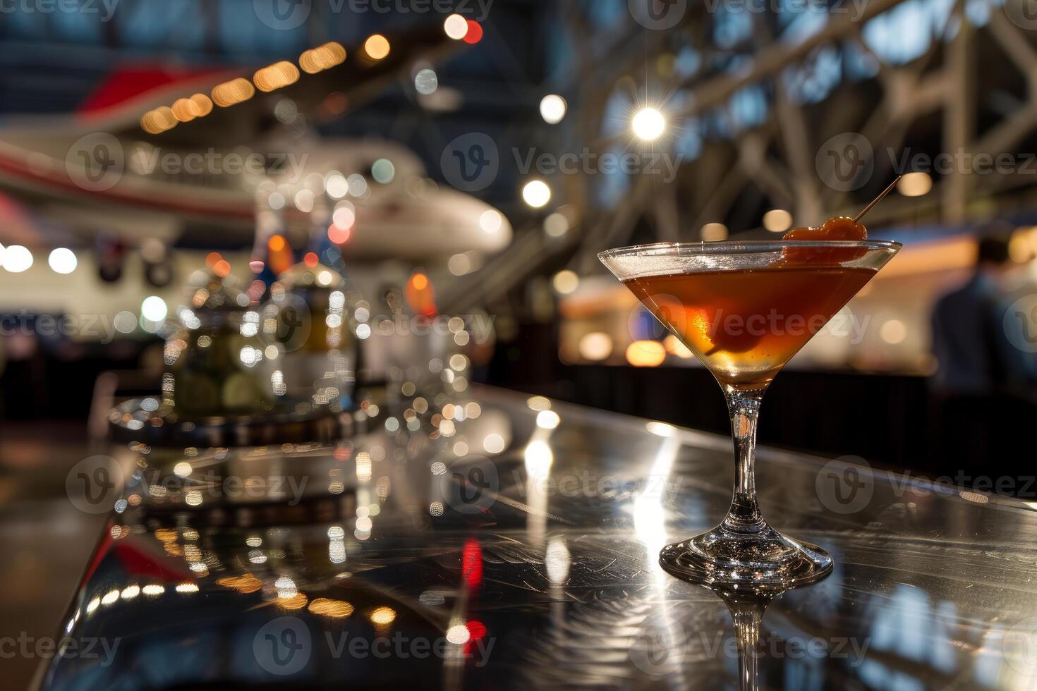 Manhattan cocktail standing on bar with airplane in background photo