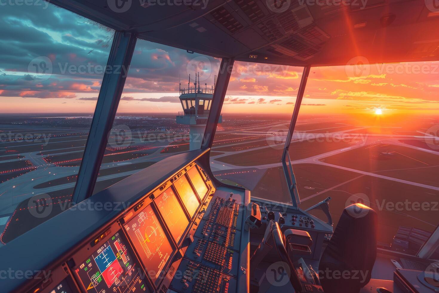 Airport control tower monitoring air traffic during sunset photo