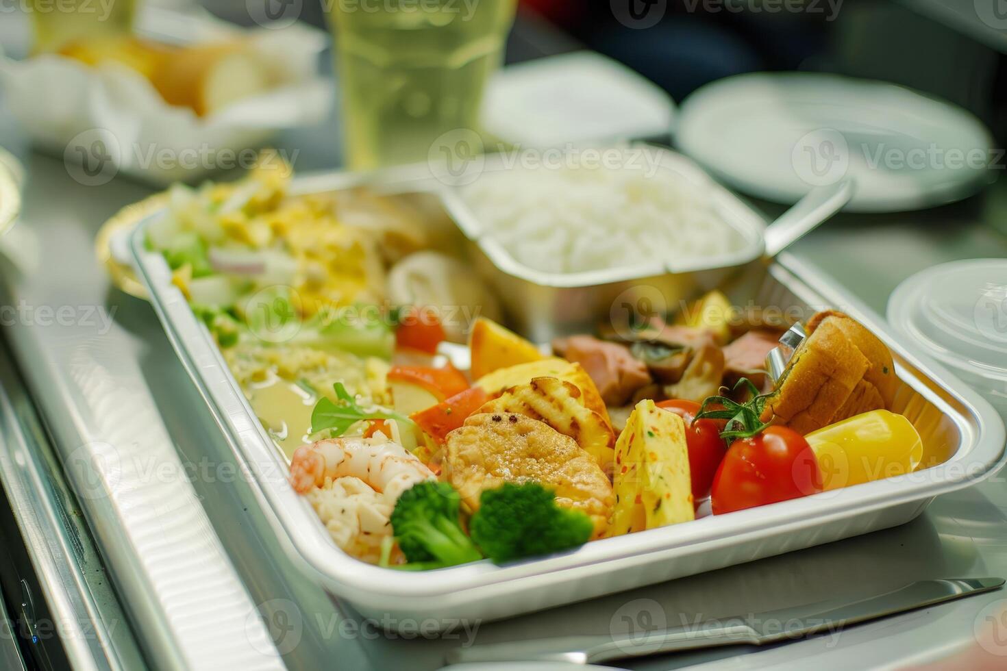 Delicious airplane meal waiting to be served during flight photo