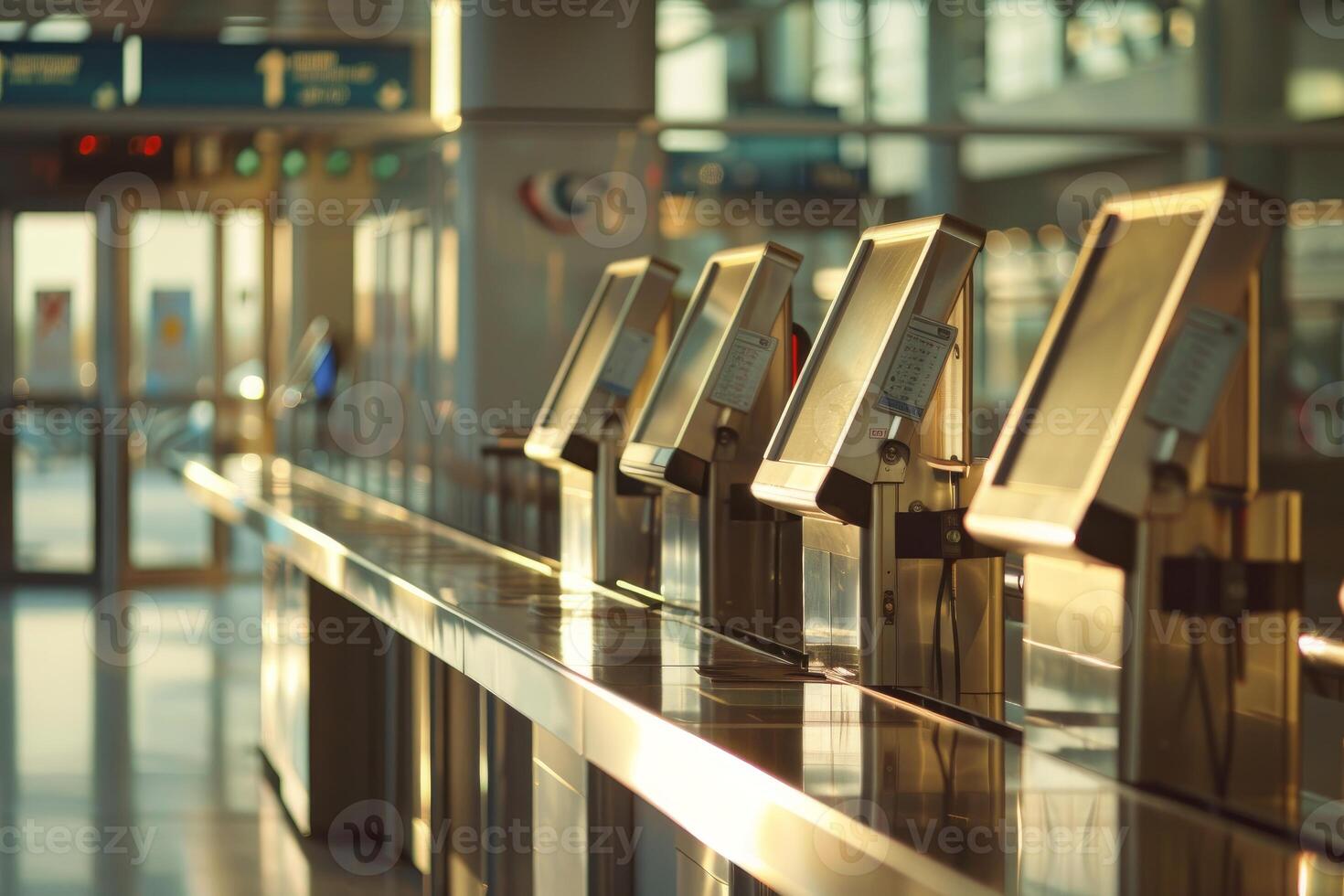 Empty check in counters standing inside departure terminal at airport photo