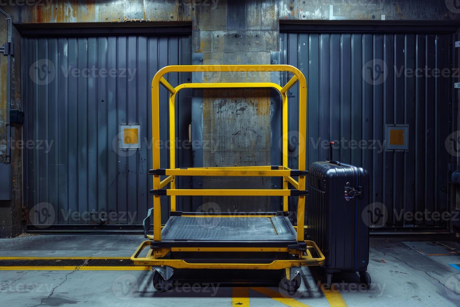 Yellow luggage cart standing near a suitcase in an industrial building photo
