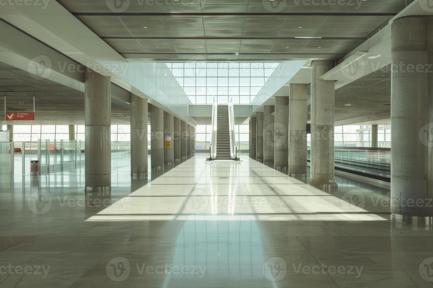 Empty airport terminal with sunlight shining through windows photo