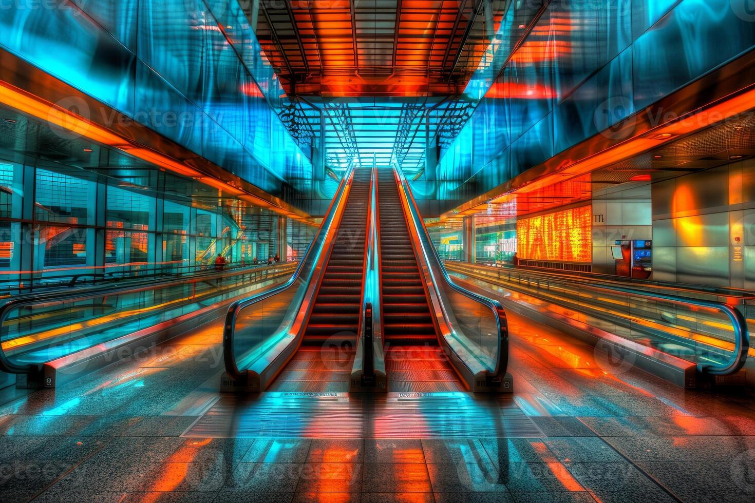 Escalators leading to futuristic destination with orange and blue lights photo