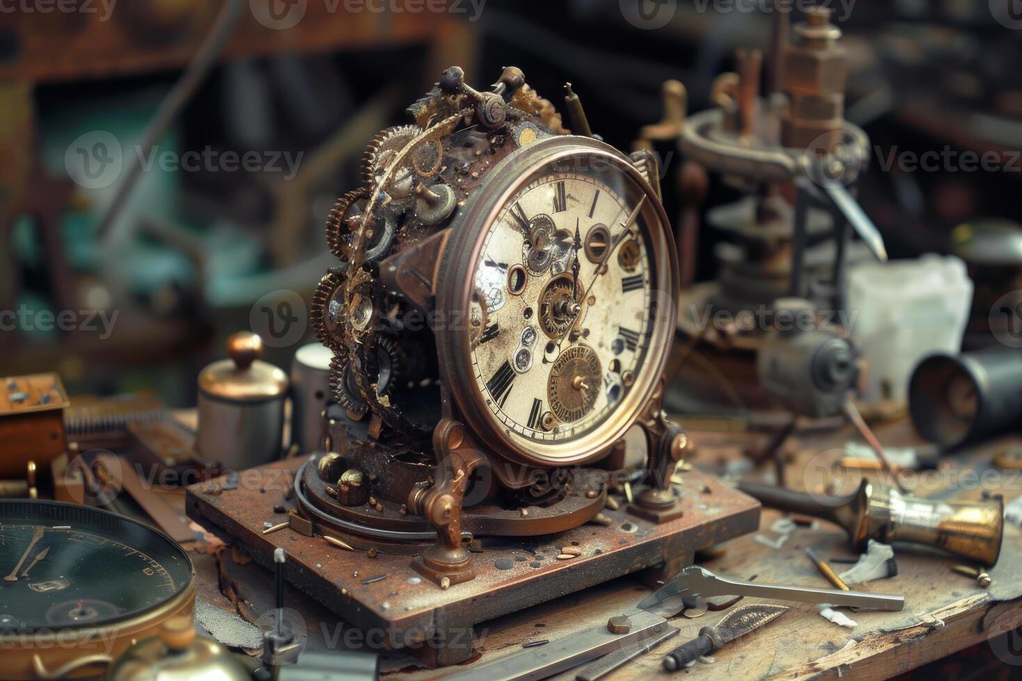 Old clock with visible gears lying on workbench in workshop photo