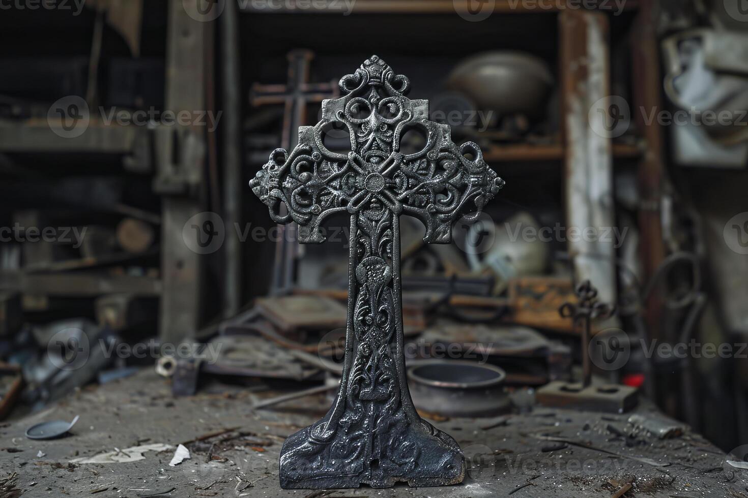 Ornate iron cross standing on table in metal workshop photo