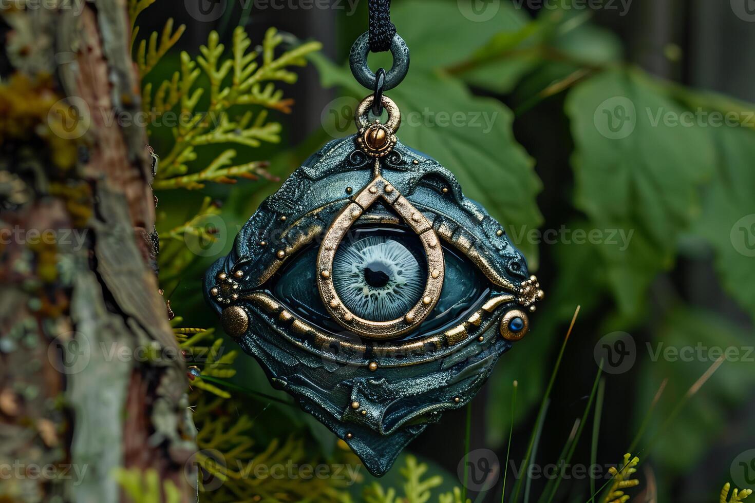 Handmade polymer clay necklace representing eye of providence hanging on a tree branch photo