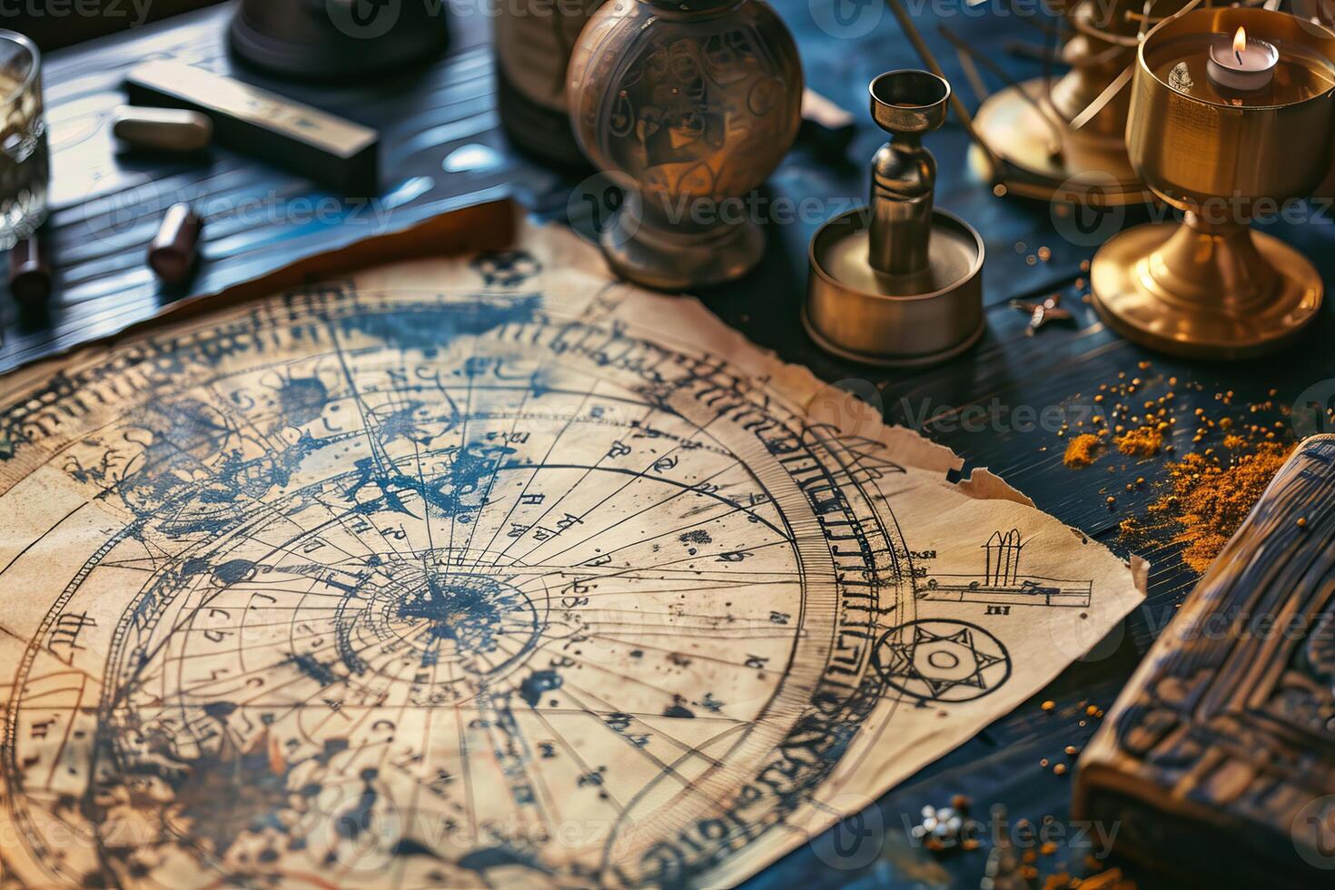 Astrologer analyzing an old astrological chart with symbols and runes on a wooden table photo