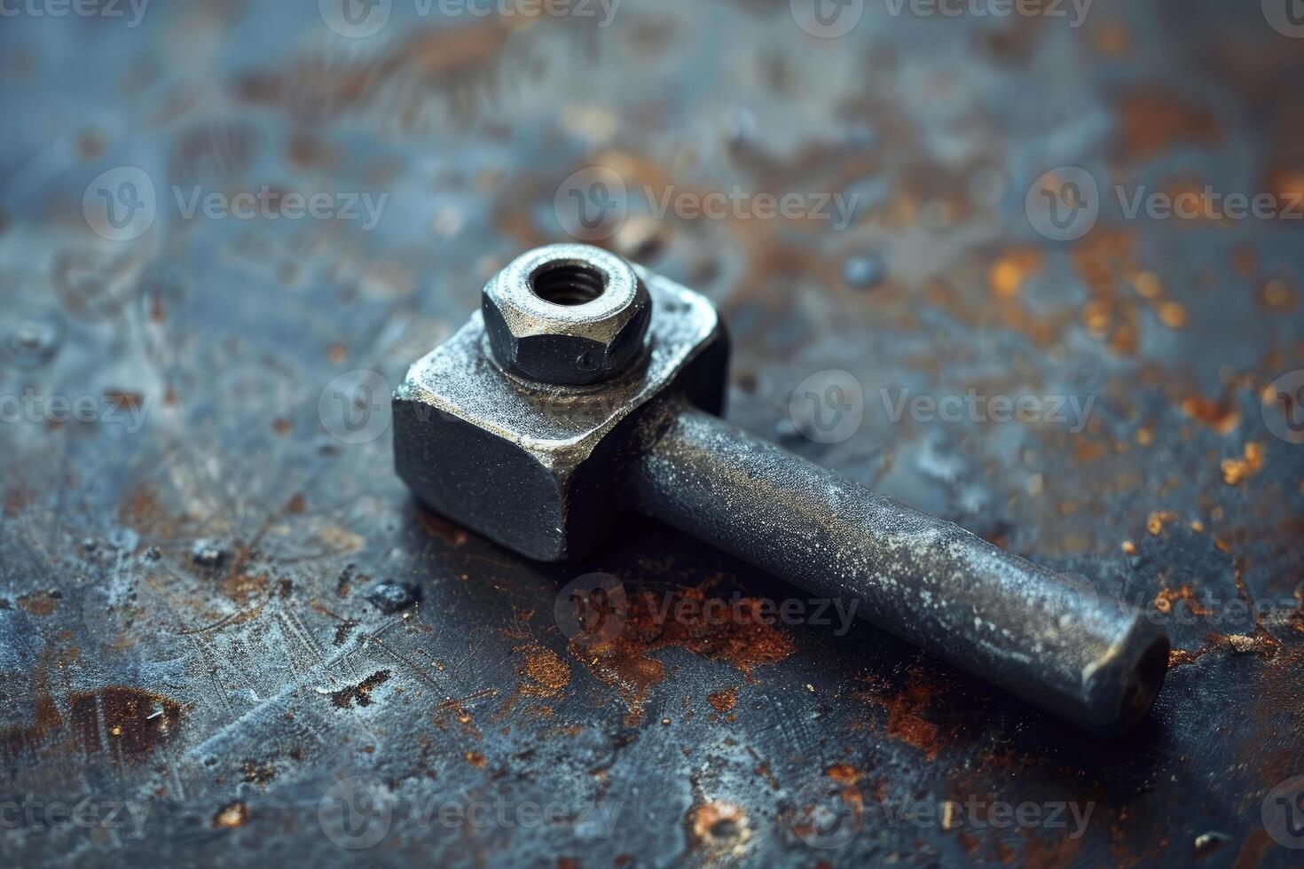 Old rusty bolt with nut lying on metal surface photo