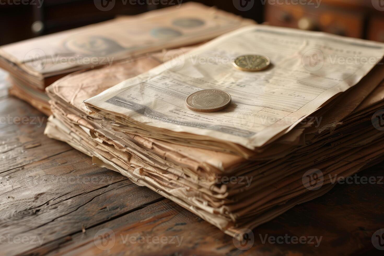 Stack of old documents and coins lying on wooden table photo