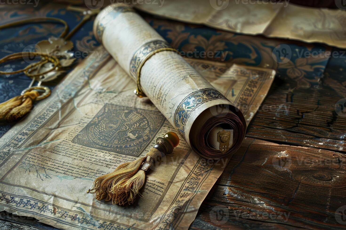 Ancient scroll unfurling on aged parchment with tassels and ornate details photo