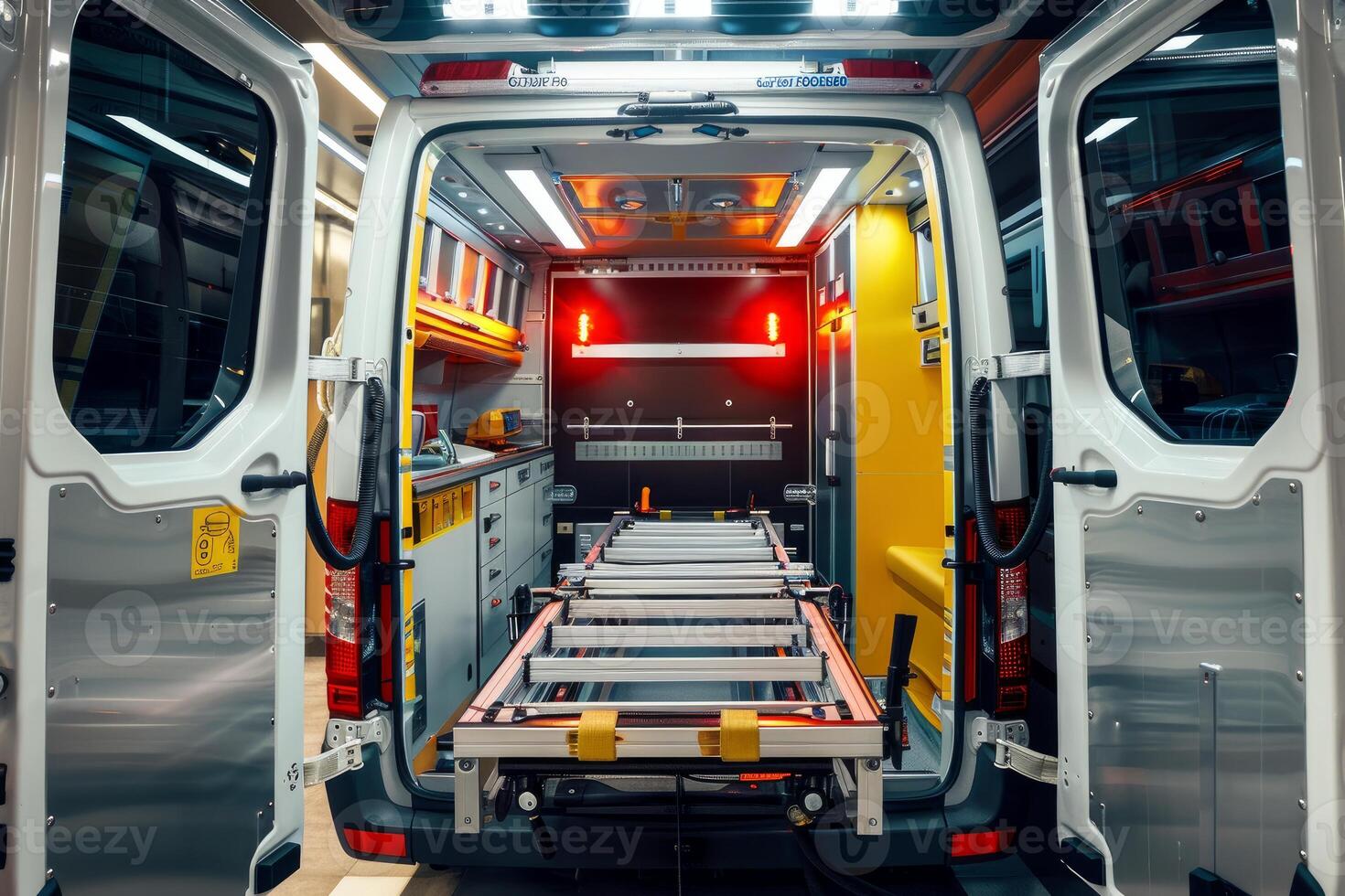Empty stretcher inside a modern ambulance with open doors photo