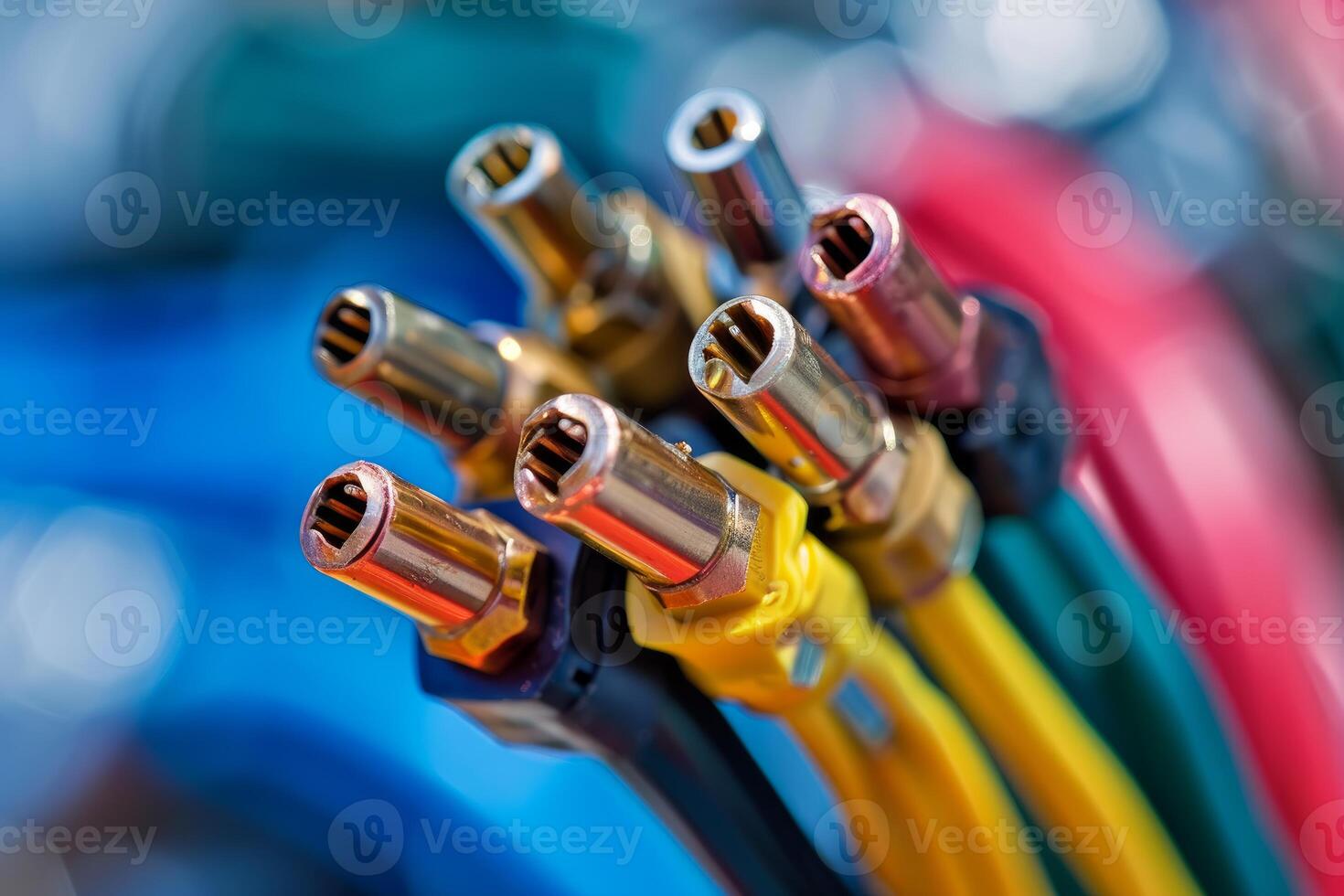 Bunch of industrial hoses with brass fittings connecting to something on blurred background photo