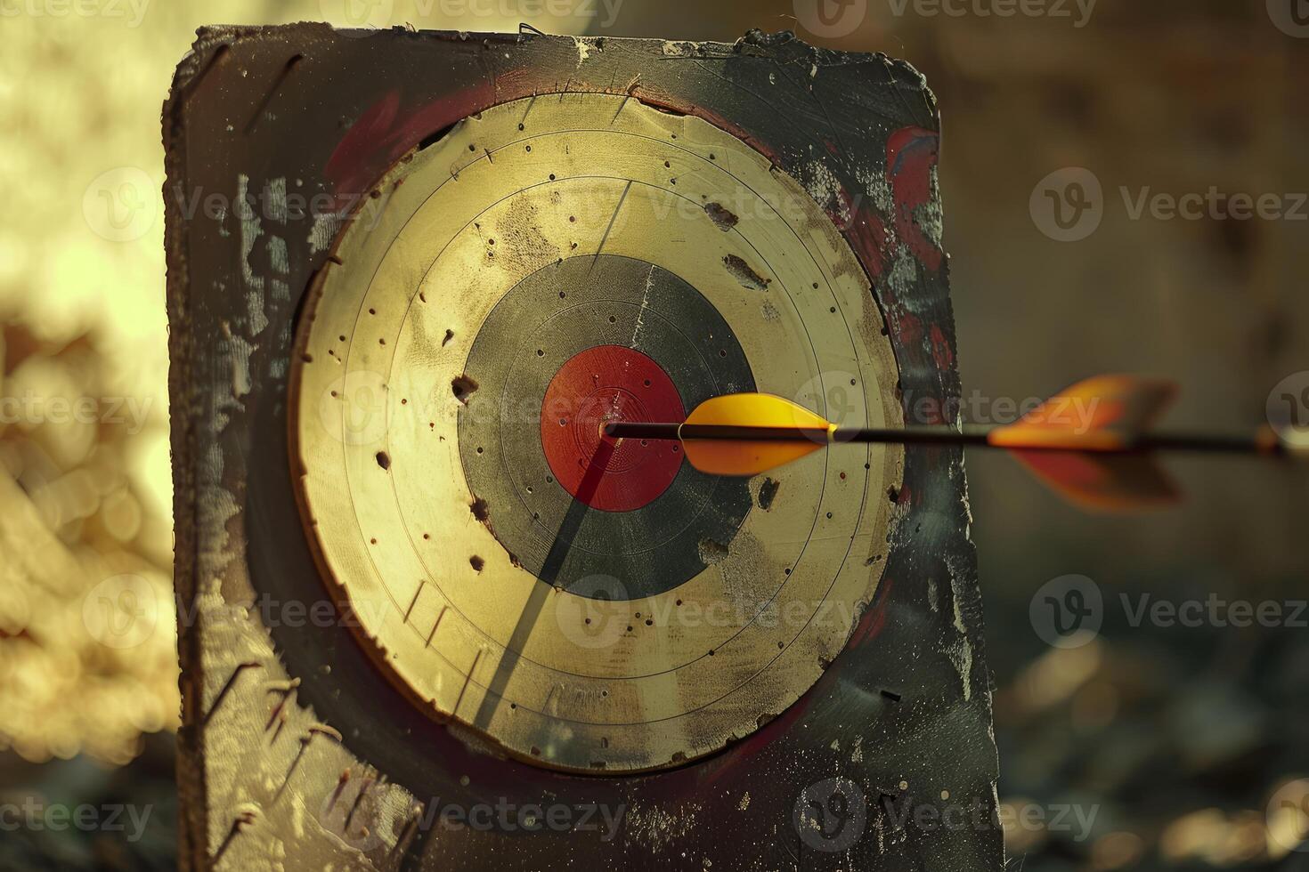 Arrow hitting the center of an old target on blurred background photo